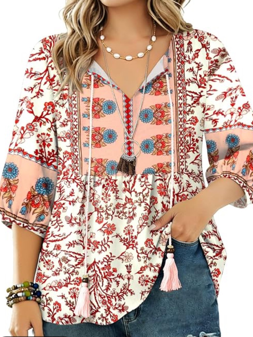 VIVILLI Boho Floral Balloon Sleeve Tassel Tie Peasant Top Size XXL